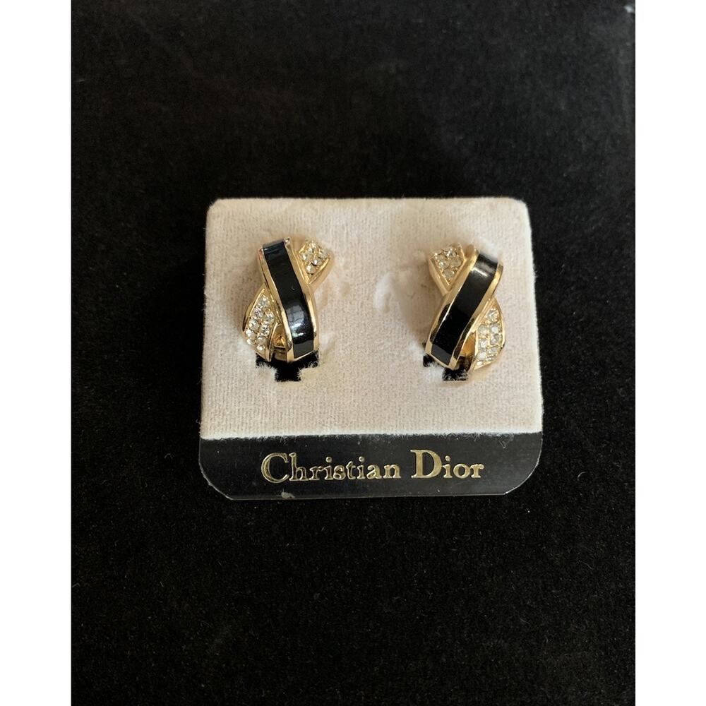 Vintage Christian Dior Rhinestone Cross Gold Tone Clip On Earrings (New) Org Tag
